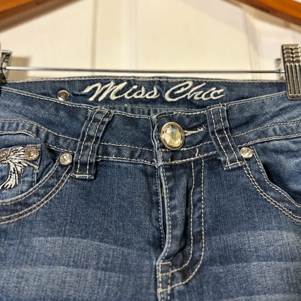 Miss Chic Embroidered & Rhinestone Skinny Distressed Blue Jeans - Picture 4 of 8